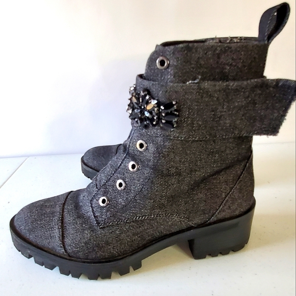 Karl Lagerfeld Paris‎ Embellished Ankle Boots Size 8 Denim Combat Lug Sole